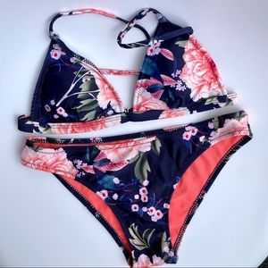 Shein Navy/Coral Floral Bikini